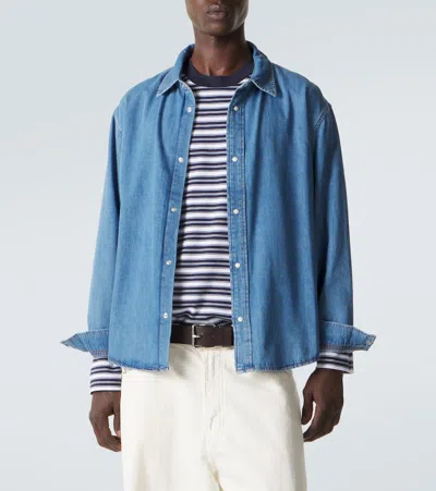 Frame Solid Cotton Blend Denim Button-down Shirt In Blue