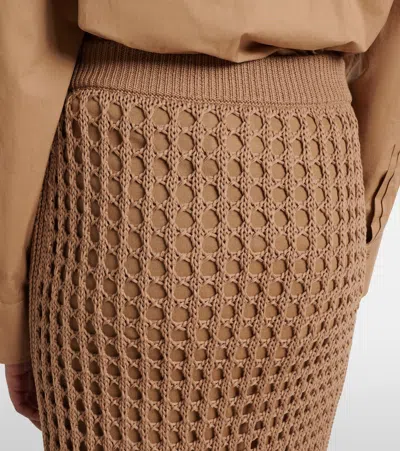 Max Mara Straight Cut Pure Cotton Webbing Skirt With Ribbed Waist In Brown