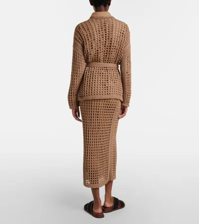 Max Mara Straight Cut Pure Cotton Webbing Skirt With Ribbed Waist In Brown