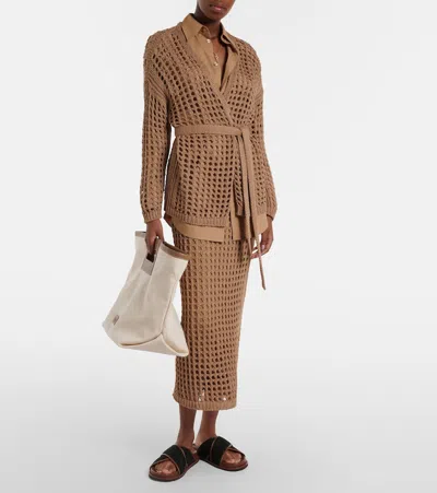 Max Mara Straight Cut Pure Cotton Webbing Skirt With Ribbed Waist In Brown
