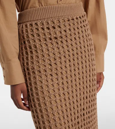 Max Mara Straight Cut Pure Cotton Webbing Skirt With Ribbed Waist In Brown