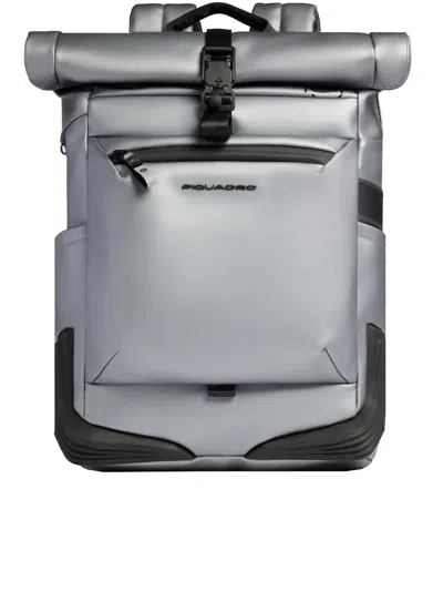 Piquadro Roll Top Fabric Backpack Adjustable Straps In Silver