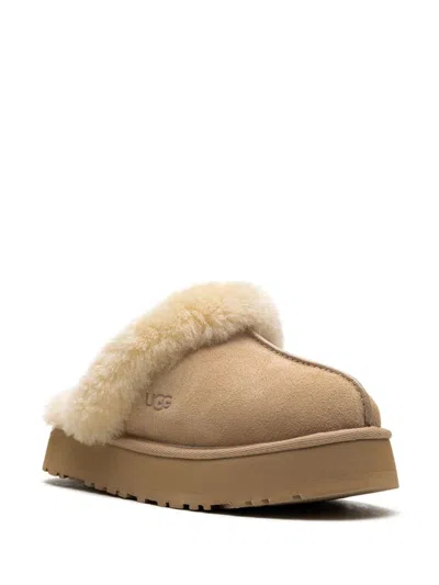 Ugg Disquette Beige Mule With Fur And Logo On Back In Suede Woman In Brown