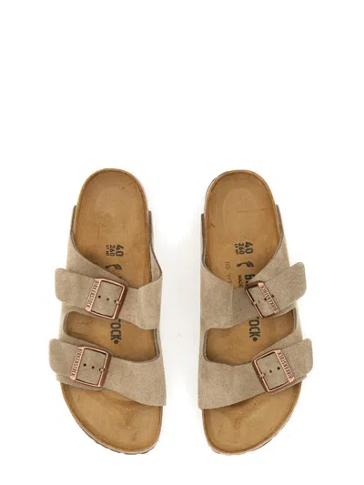 Birkenstock Arizona Sandal With Adjustable Straps In Suede Sand In Brown