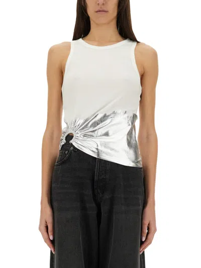 Rabanne Sleeveless Coast Tank Top With Silver Foil And Piercing Details In White