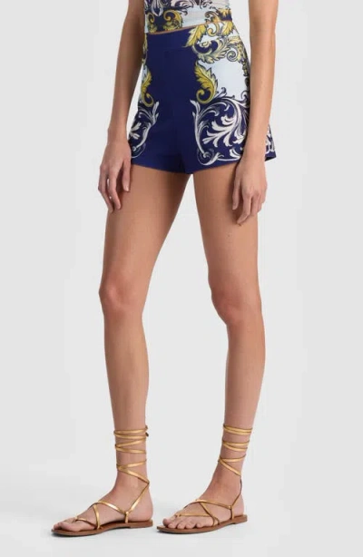 Alice And Olivia Hera Back Zip Shorts Antique Scroll In Blue