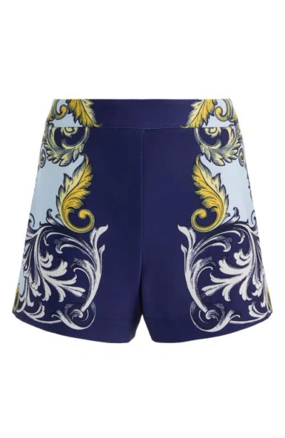 Alice And Olivia Hera Back Zip Shorts Antique Scroll In Blue