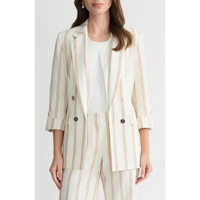 Kasper Stripe Roll Sleeve Open Front Blazer In White