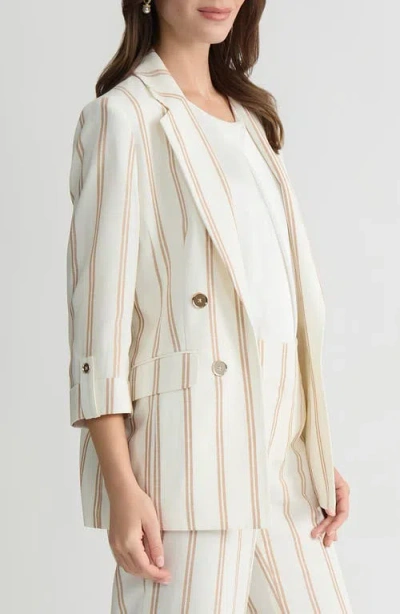 Kasper Stripe Roll Sleeve Open Front Blazer In White