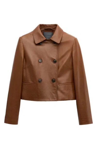 Mango Double Breasted Leather Jacket In Brown
