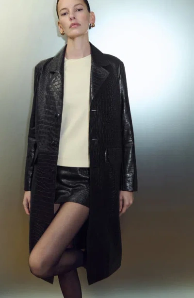 Mango Croc Embossed Leather Coat In Black
