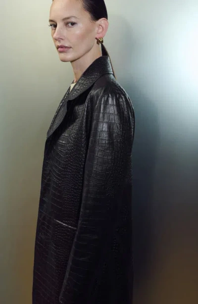 Mango Croc Embossed Leather Coat In Black