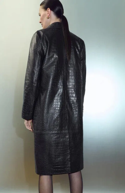 Mango Croc Embossed Leather Coat In Black
