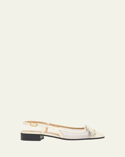 Valentino Garavani Valet Du Roi Tasseled Leather And Mesh Slingback Ballet Flats In White