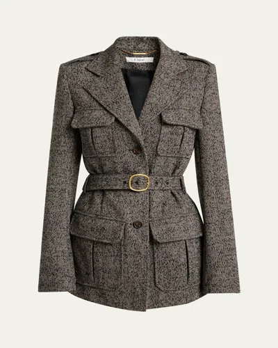 Chloé Belted Herringbone Wool-blend Jacket In Gold