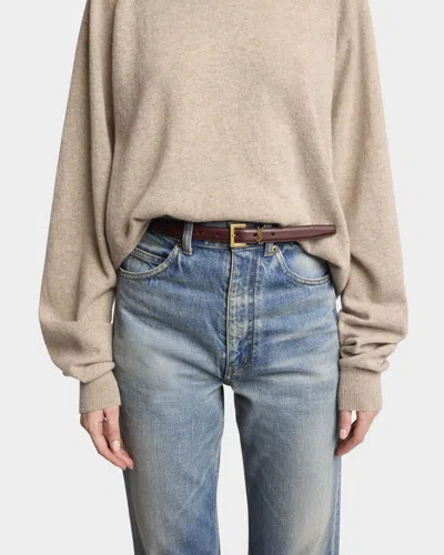 Saint Laurent Cassandre Logo Skinny Leather Belt In Brown