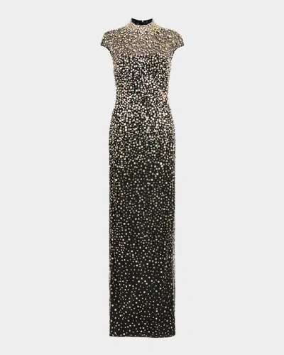 Jenny Packham Treasure Embellished Cap-sleeve Column Gown In Black