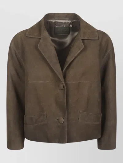 Prada Cropped Suede Jacket Notched Lapel Pockets In Brown
