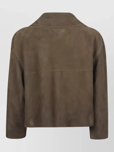 Prada Cropped Suede Jacket Notched Lapel Pockets In Brown
