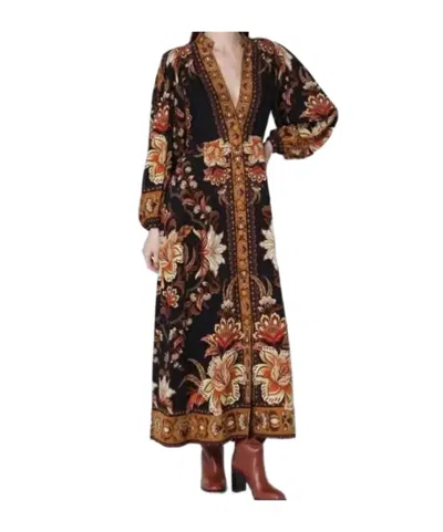 Farm Rio Black Majestic Garden Buttoned Puff Sleeve Maxi Dress In Brown