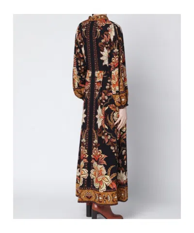 Farm Rio Black Majestic Garden Buttoned Puff Sleeve Maxi Dress In Brown