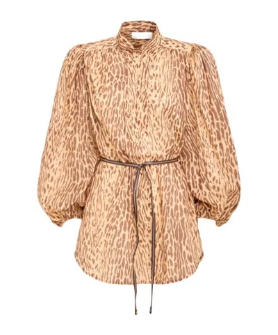 Zimmermann Cascadian Leopard Print Long Sleeve Tunic Dress In Brown