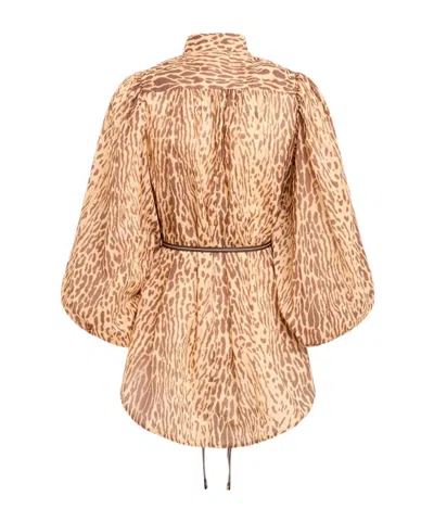 Zimmermann Cascadian Leopard Print Long Sleeve Tunic Dress In Brown
