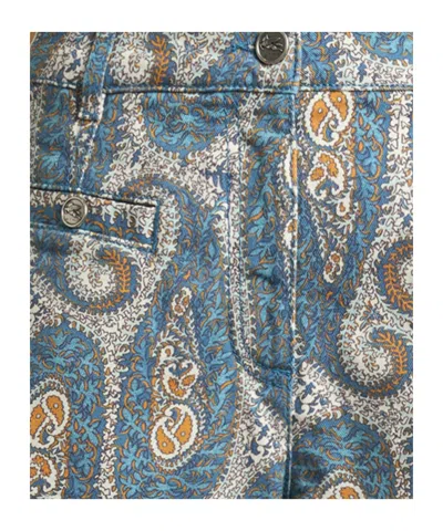 Etro Paisley Denim Shorts Belt Loops Pockets In Blue