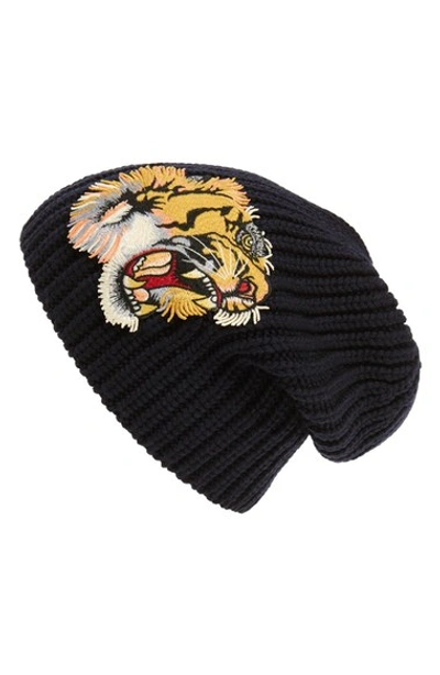 Shop Gucci Embroidered Wool Beanie In Navy