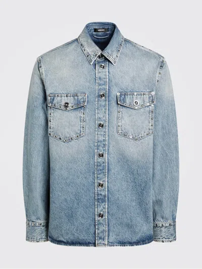 Versace Light Blue Stone-washed Denim Shirt With Studs In Gray
