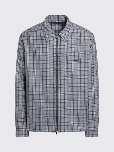 Versace Wool Shirt Featuring Embroidery Button Cuffs In Gray