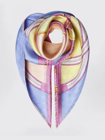 Gucci Gg Horsebit Silk Jacquard Scarf In Blue