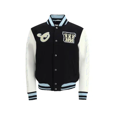 Off-white Logo Flocked Button-up Bomber Jacket In Black