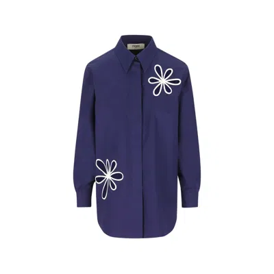 Fendi Poplin Shirt With Cut-out Details In Blue