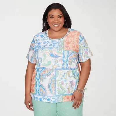 Alfred Dunner Plus Size Caribbean Blues Patchwork Scroll Side Tie Ruched Top In Blue