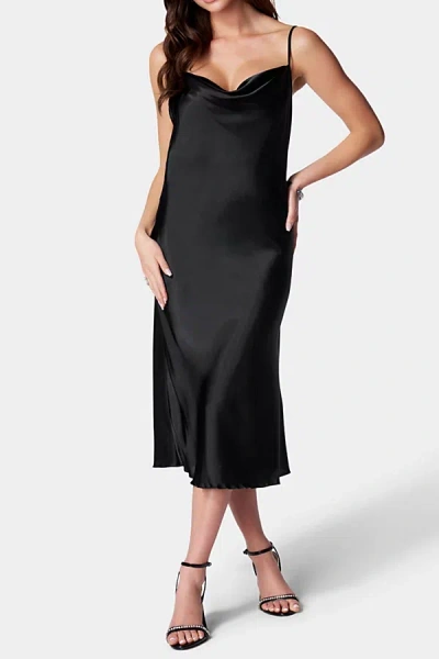 Bebe Satin Cowl Neck Slip Midi Dress In Black
