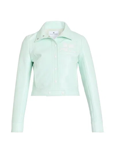 Courrèges Cropped Jacket With Glossy Patent Finish And Structured Collar In Green