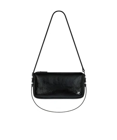 Courrèges Rectangular Shoulder Bag Glossy Finish Strap In Black