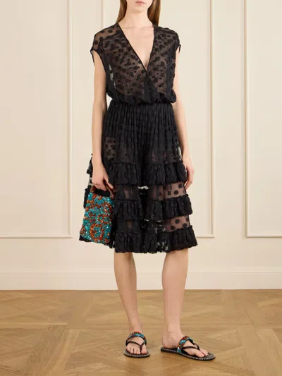 Dries Van Noten Ruffled Polka-dot Cotton-blend Mesh Midi Dress In Black