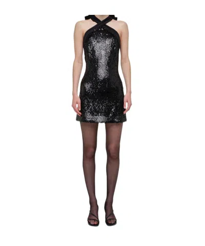 Simkhai Isla Velvet-trimmed Sequined Jersey Halterneck Mini Dress In Black