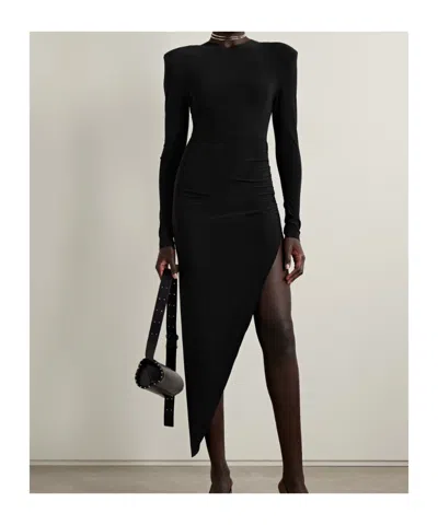 Norma Kamali Long Sleeve Shoulder Pad V Neck Side Drape Gown In Black