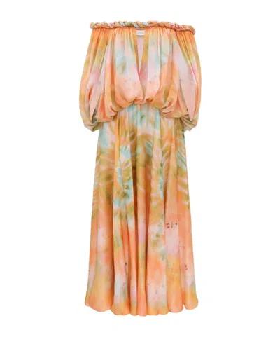 Zimmermann Luna Twist Off-the-shoulder Cutout Gathered Printed Silk-satin Maxi Dress In Multi