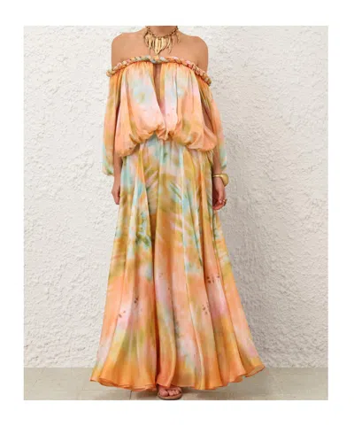 Zimmermann Luna Twist Off-the-shoulder Cutout Gathered Printed Silk-satin Maxi Dress In Multi