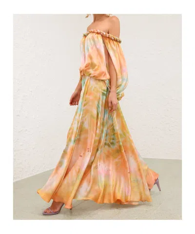 Zimmermann Luna Twist Off-the-shoulder Cutout Gathered Printed Silk-satin Maxi Dress In Multi