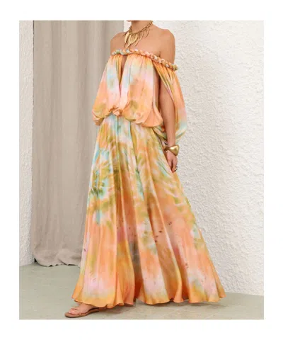 Zimmermann Luna Twist Off-the-shoulder Cutout Gathered Printed Silk-satin Maxi Dress In Multi