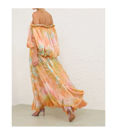 Zimmermann Luna Twist Off-the-shoulder Cutout Gathered Printed Silk-satin Maxi Dress In Multi