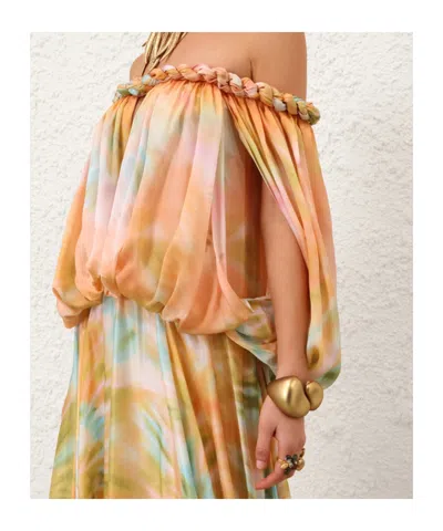 Zimmermann Luna Twist Off-the-shoulder Cutout Gathered Printed Silk-satin Maxi Dress In Multi