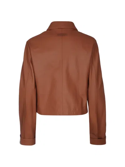 Jacob Cohen Leather Jacket Collared Neck Front Pockets In Brown