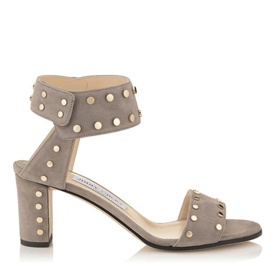 Jimmy Choo Veto 65 Light Mocha Suede Sandals With Gold Studs In Light Mocha/gold