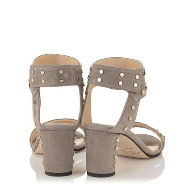 Shop Jimmy Choo Veto 65 Light Mocha Suede Sandals With Gold Studs In Light Mocha/gold